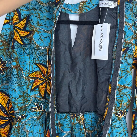 NWT African Print Long Sleeve Blue Orange Jumpsuit Pockets By Ace Kouture Size S - Picture 8 of 10